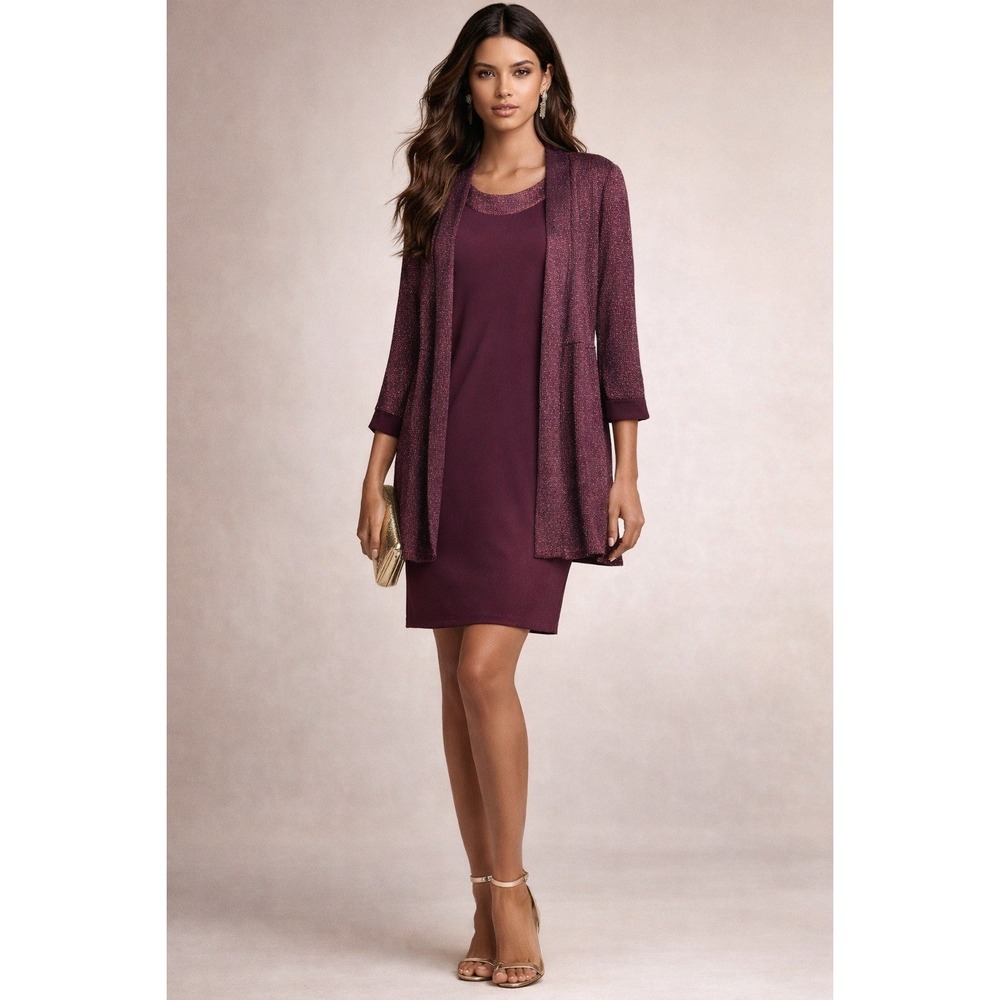 R&M Richards Dress Cardigan Set Womens 10P Burgundy Glitter Formal Party Holiday